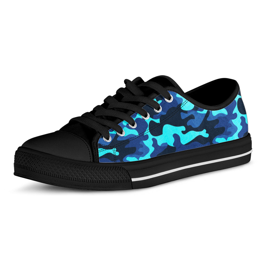 Blue And Black Camouflage Print Black Low Top Sneakers