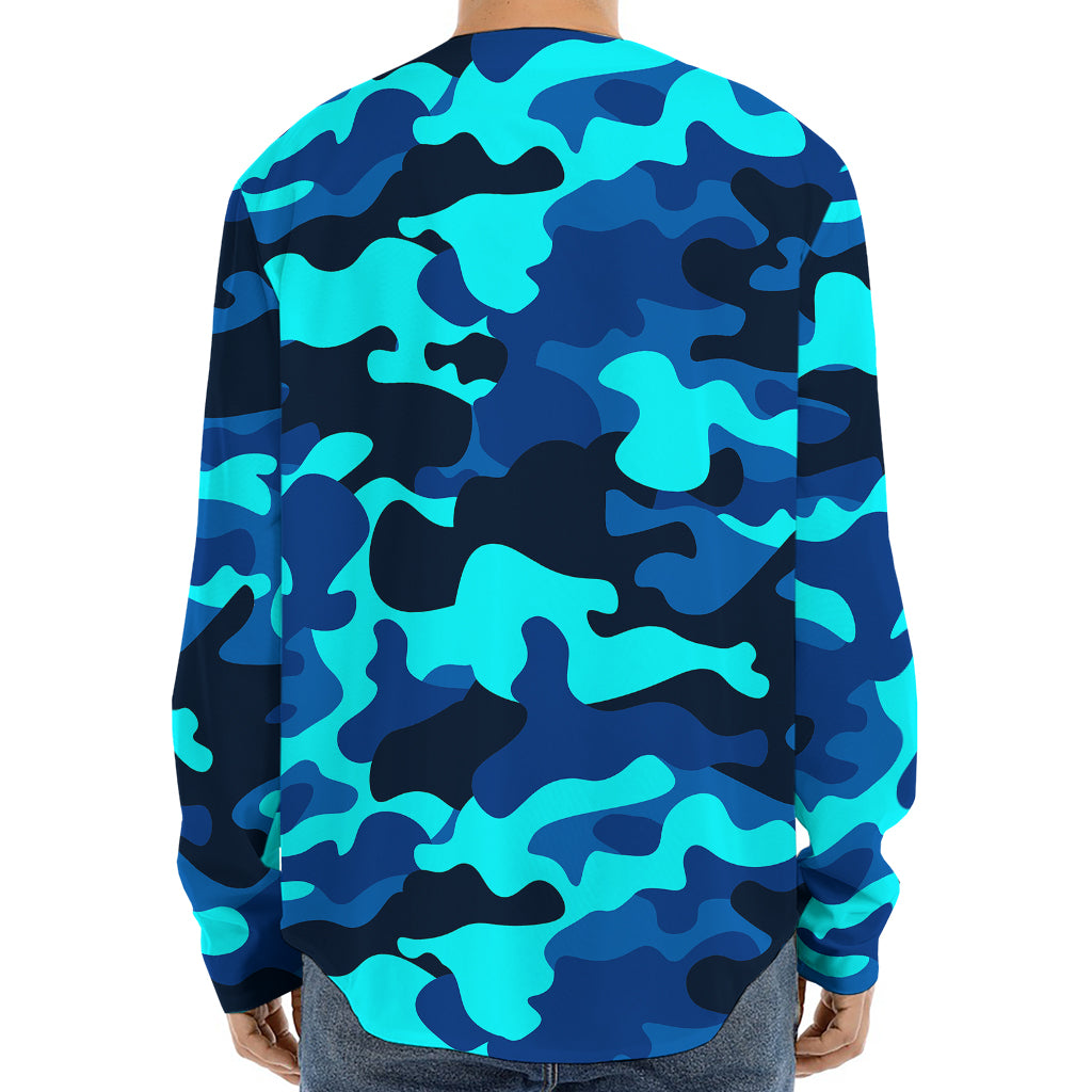 Blue And Black Camouflage Print Long Sleeve Baseball Jersey