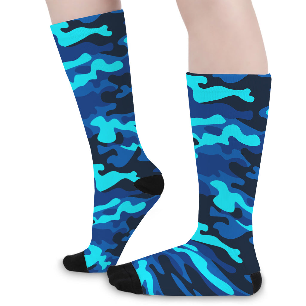 Blue And Black Camouflage Print Long Socks