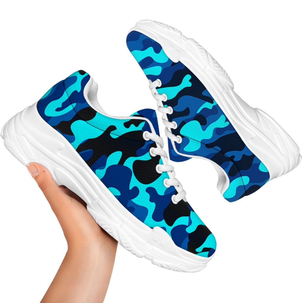Blue And Black Camouflage Print White Chunky Shoes