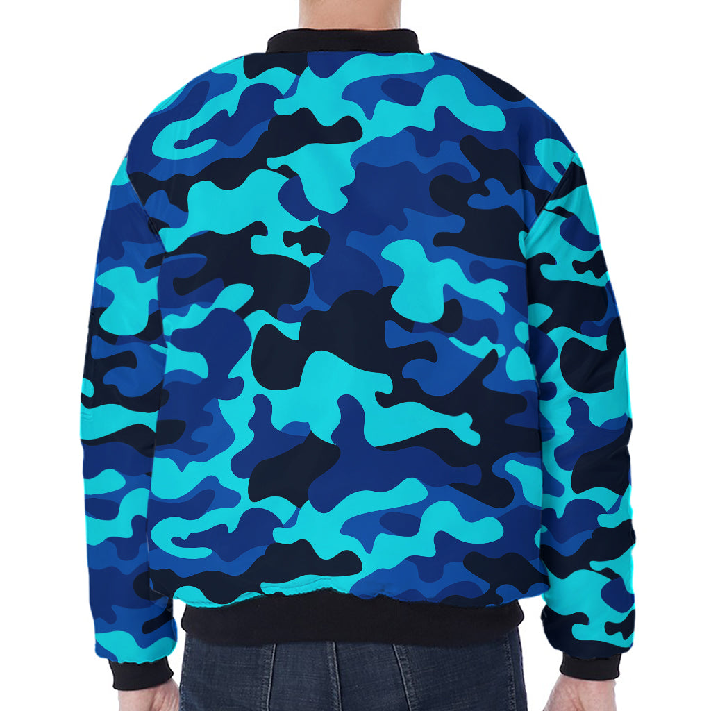 Blue And Black Camouflage Print Zip Sleeve Bomber Jacket
