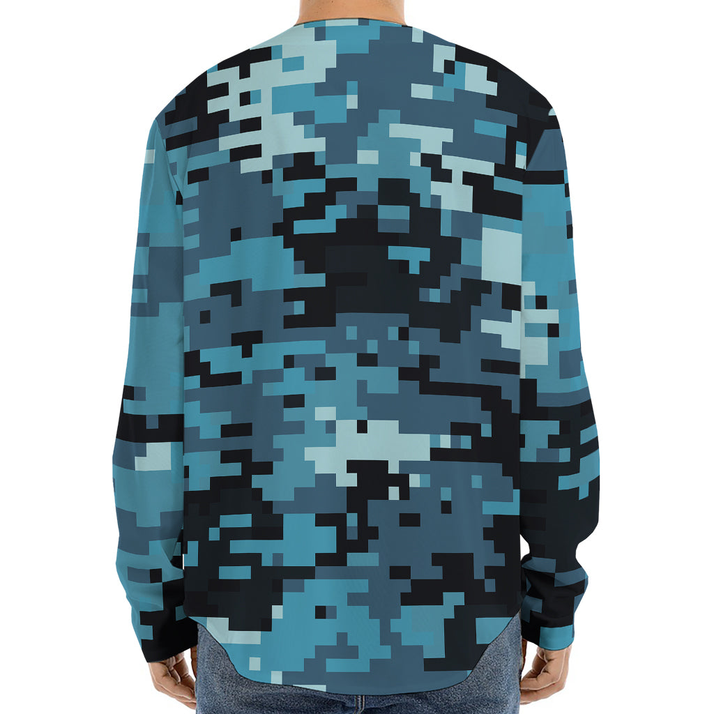 Blue And Black Digital Camo Print Long Sleeve Baseball Jersey