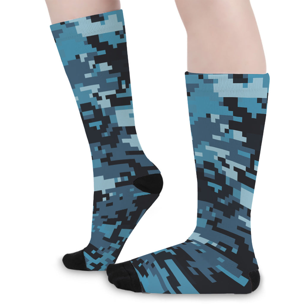Blue And Black Digital Camo Print Long Socks