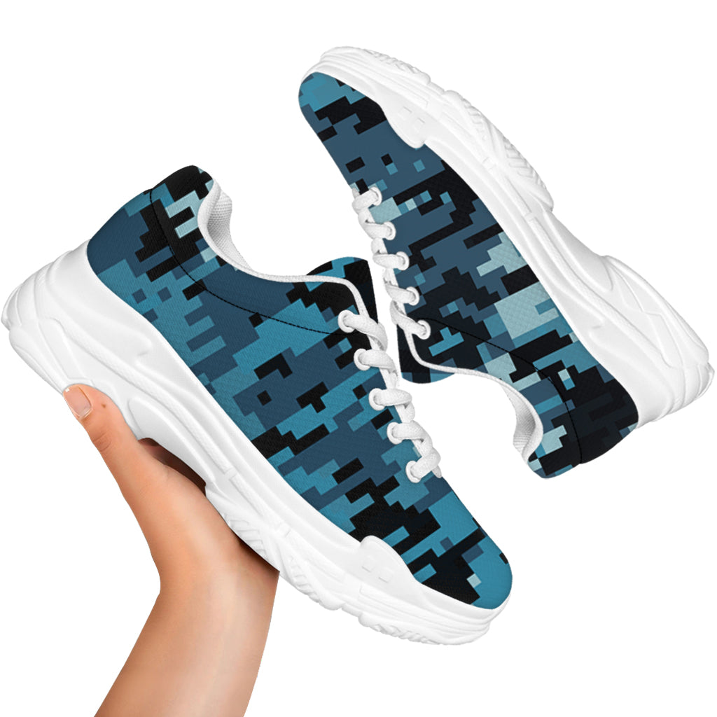 Blue And Black Digital Camo Print White Chunky Shoes