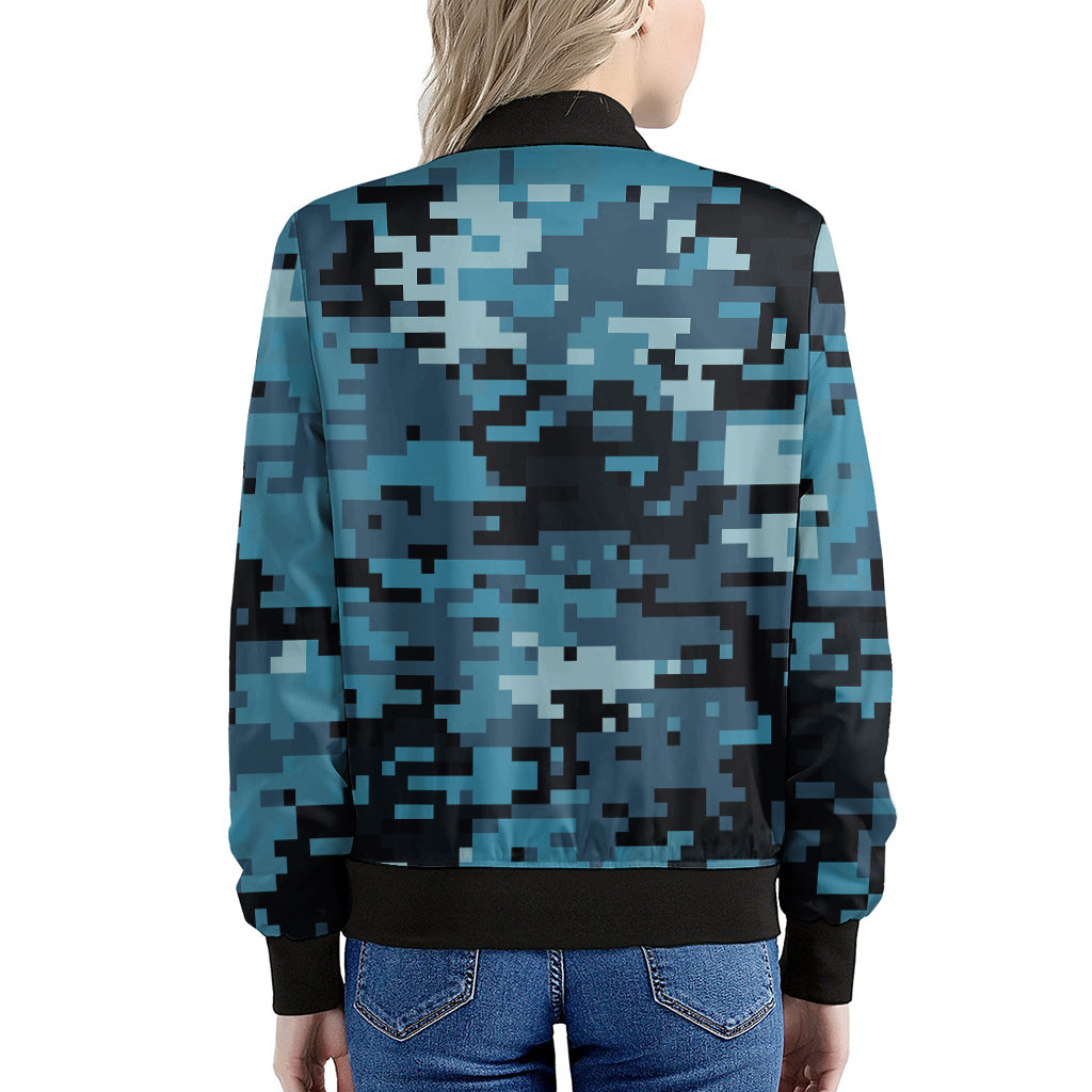 Blue And Black Digital Camo Print Women's Bomber Jacket
