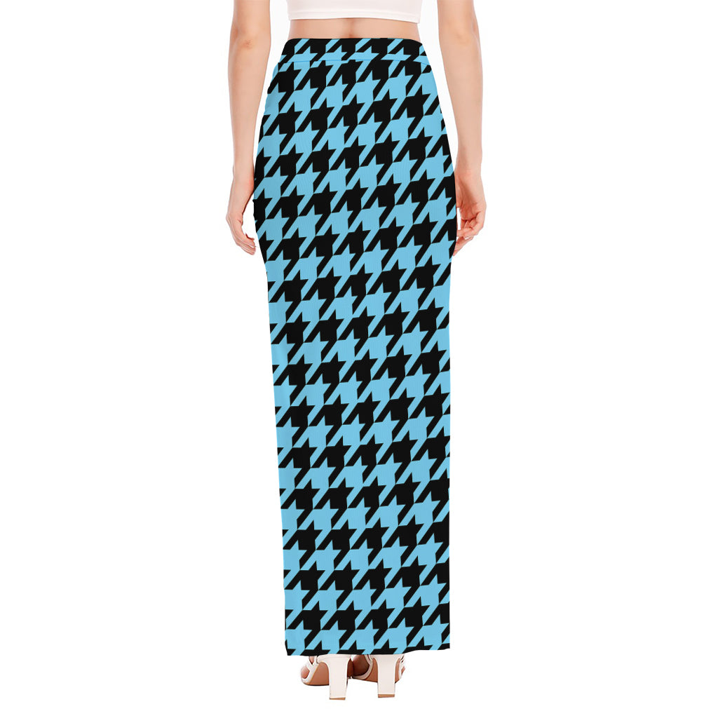 Blue And Black Houndstooth Pattern Print High Slit Maxi Skirt