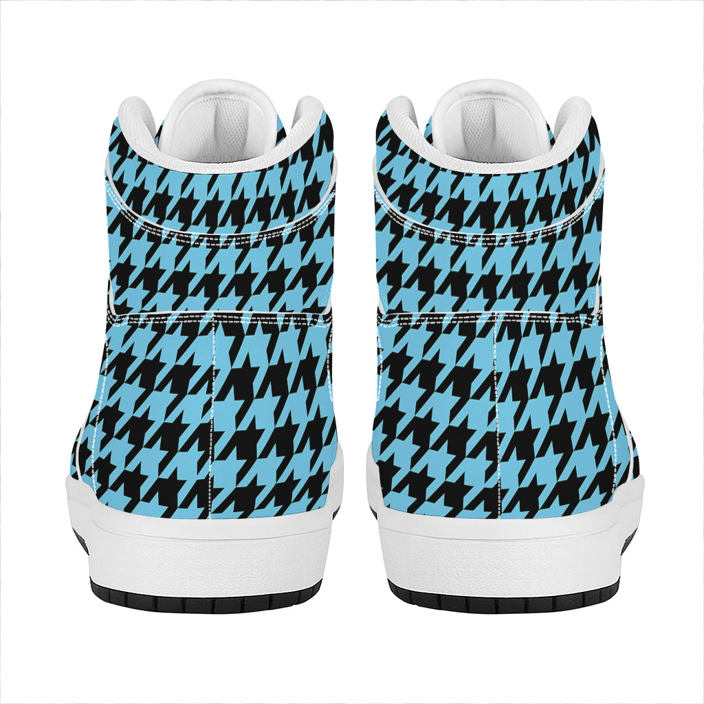 Blue And Black Houndstooth Pattern Print High Top Leather Sneakers