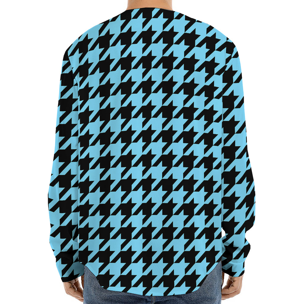 Blue And Black Houndstooth Pattern Print Long Sleeve Baseball Jersey