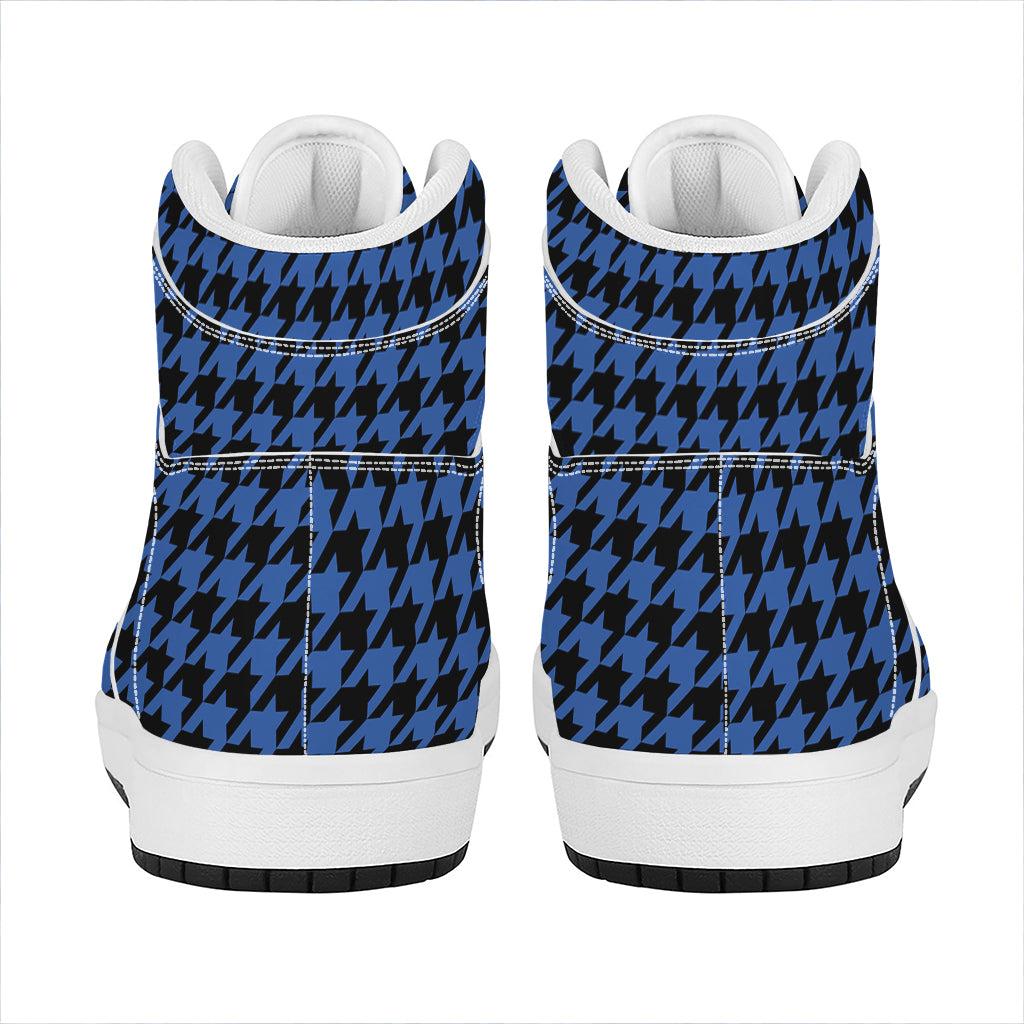 Blue And Black Houndstooth Print High Top Leather Sneakers