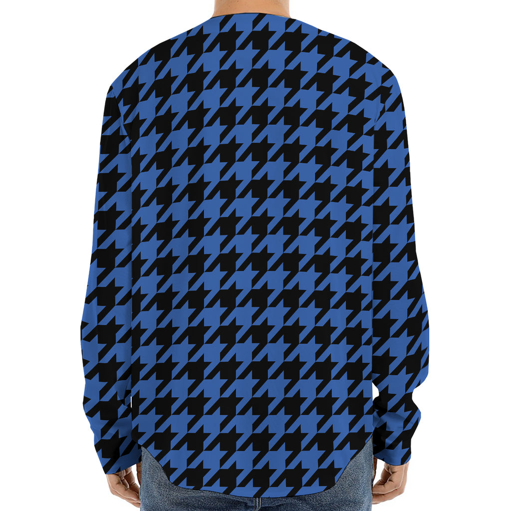 Blue And Black Houndstooth Print Long Sleeve Baseball Jersey