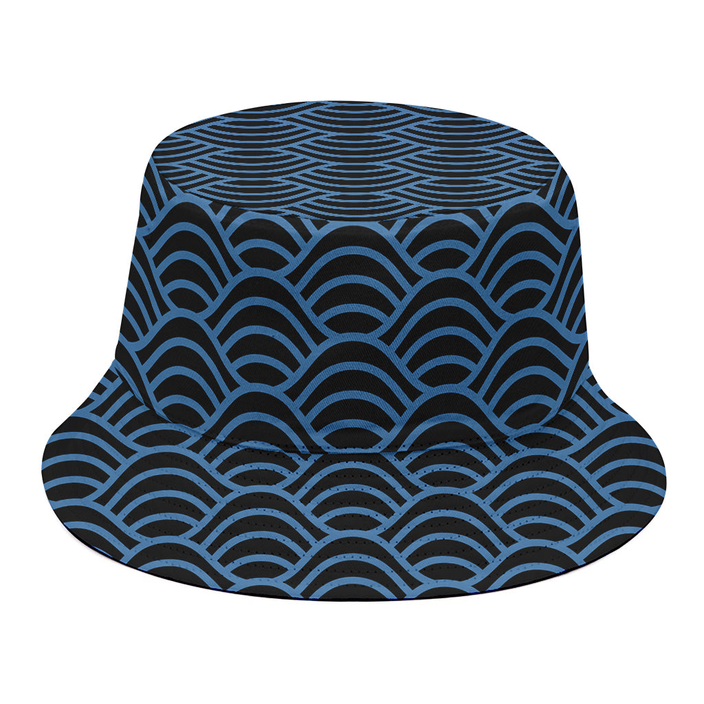 Blue And Black Japanese Pattern Print Bucket Hat