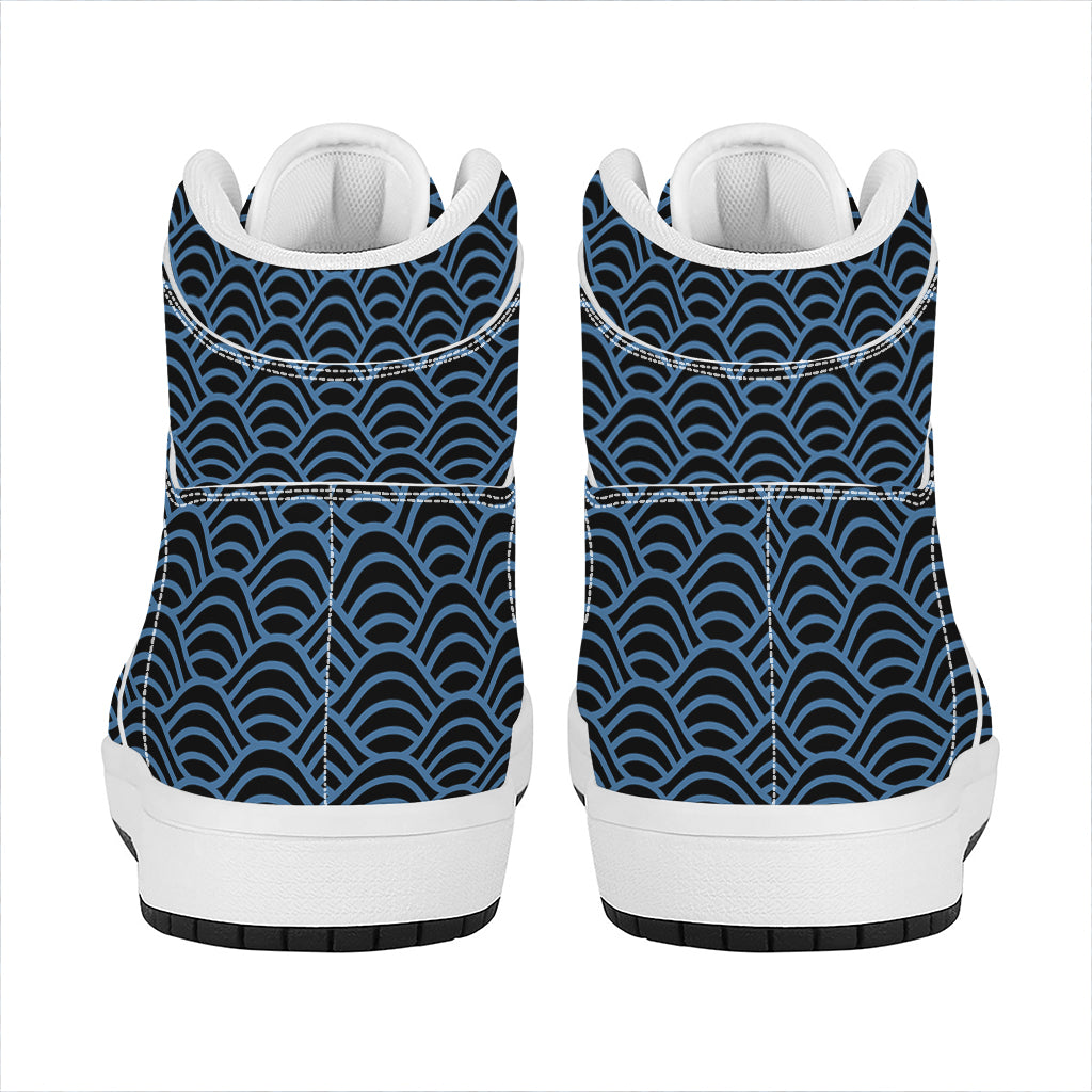 Blue And Black Japanese Pattern Print High Top Leather Sneakers