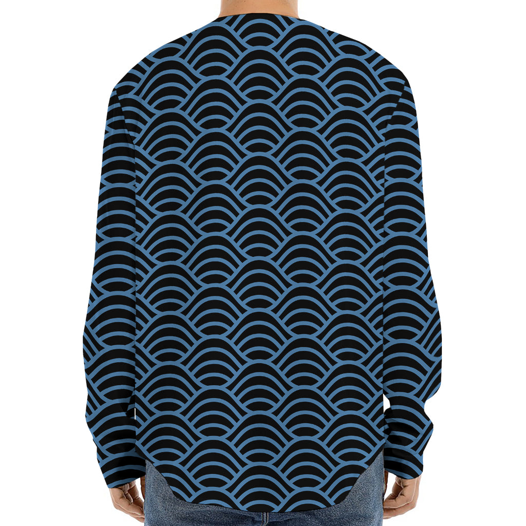 Blue And Black Japanese Pattern Print Long Sleeve Baseball Jersey