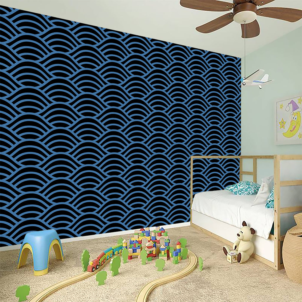 Blue And Black Japanese Pattern Print Wall Sticker