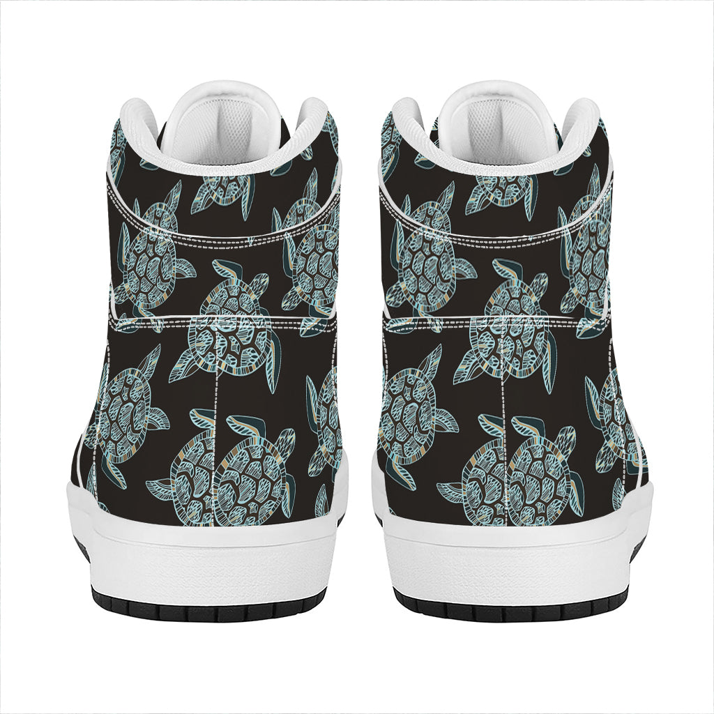 Blue And Black Sea Turtle Pattern Print High Top Leather Sneakers
