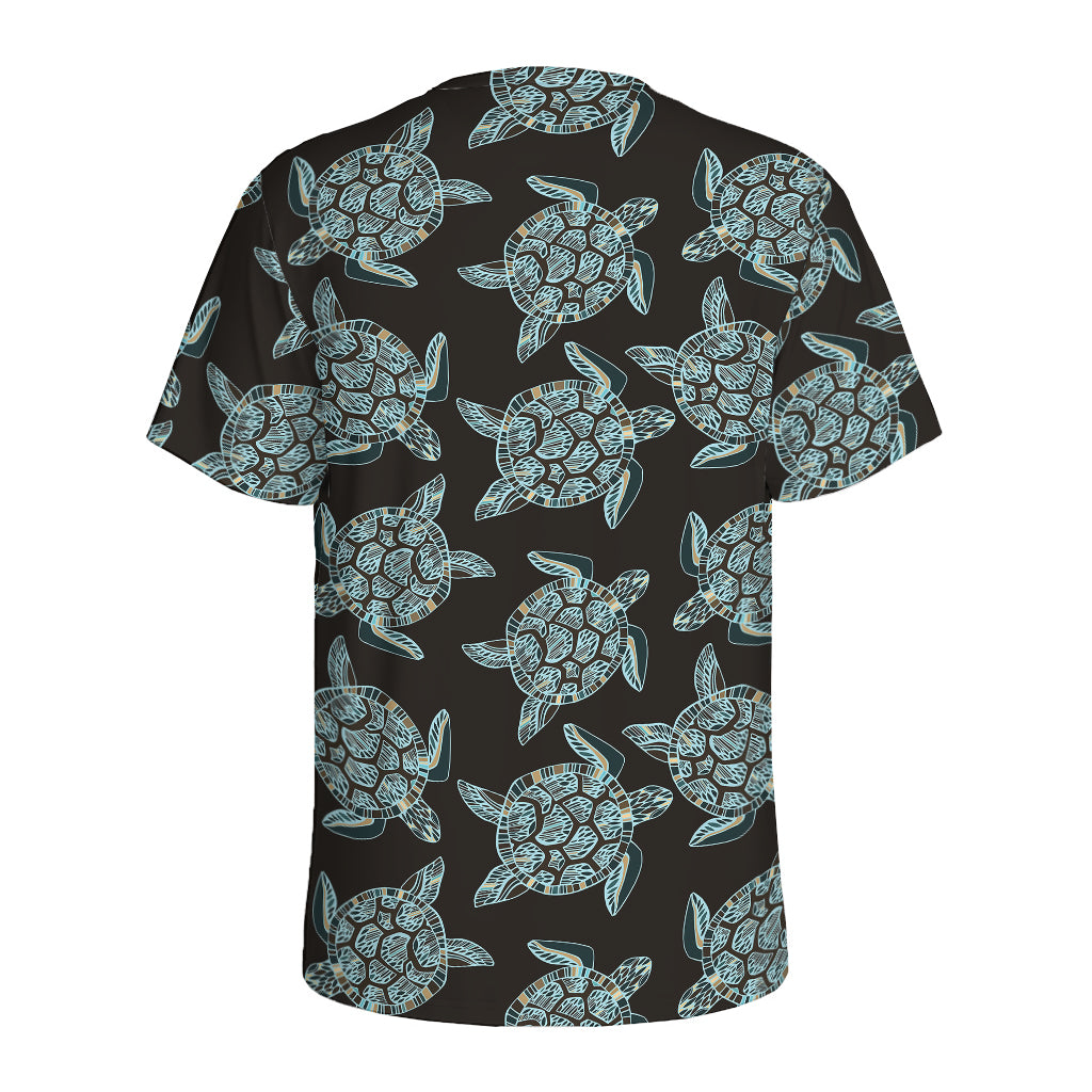 Blue And Black Sea Turtle Pattern Print Men's Sports T-Shirt