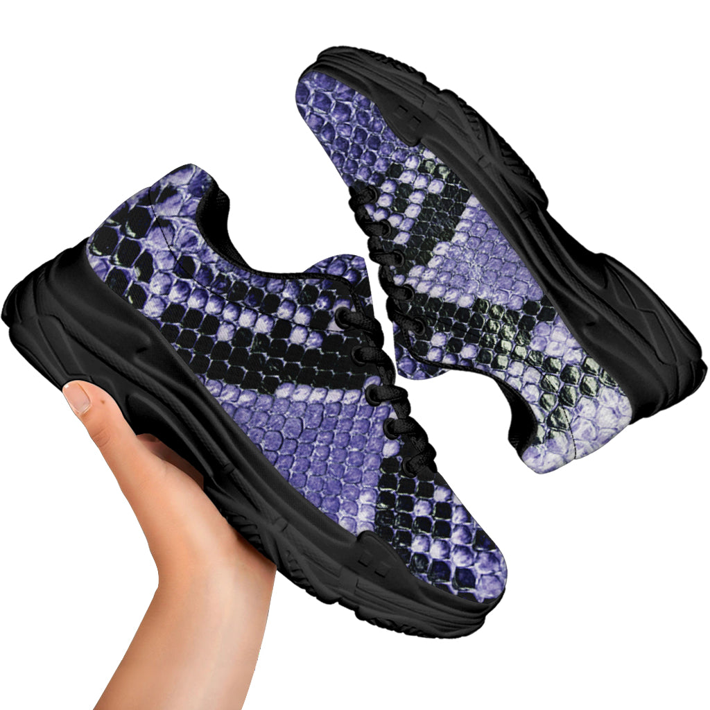 Blue And Black Snakeskin Print Black Chunky Shoes