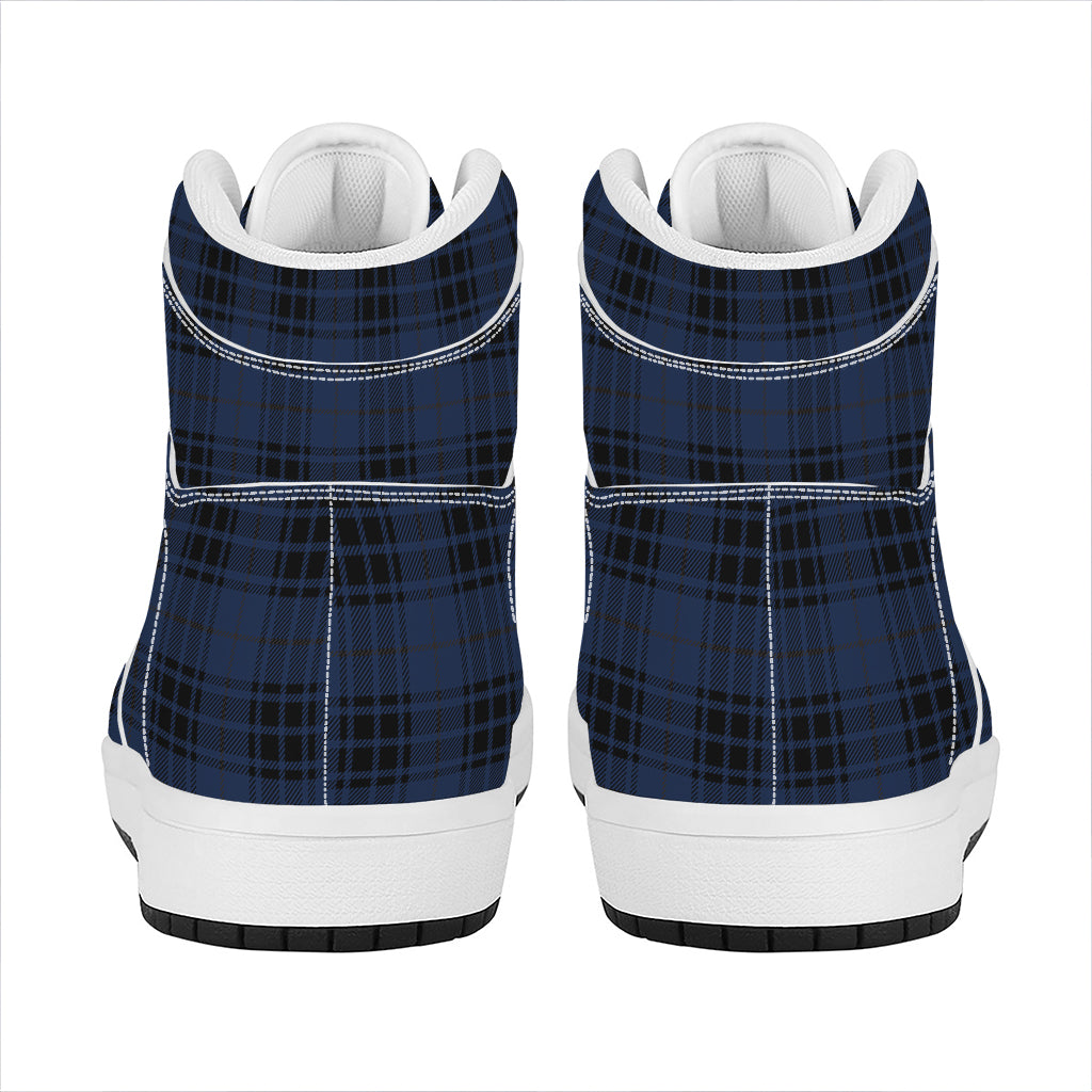 Blue And Black Tartan Pattern Print High Top Leather Sneakers