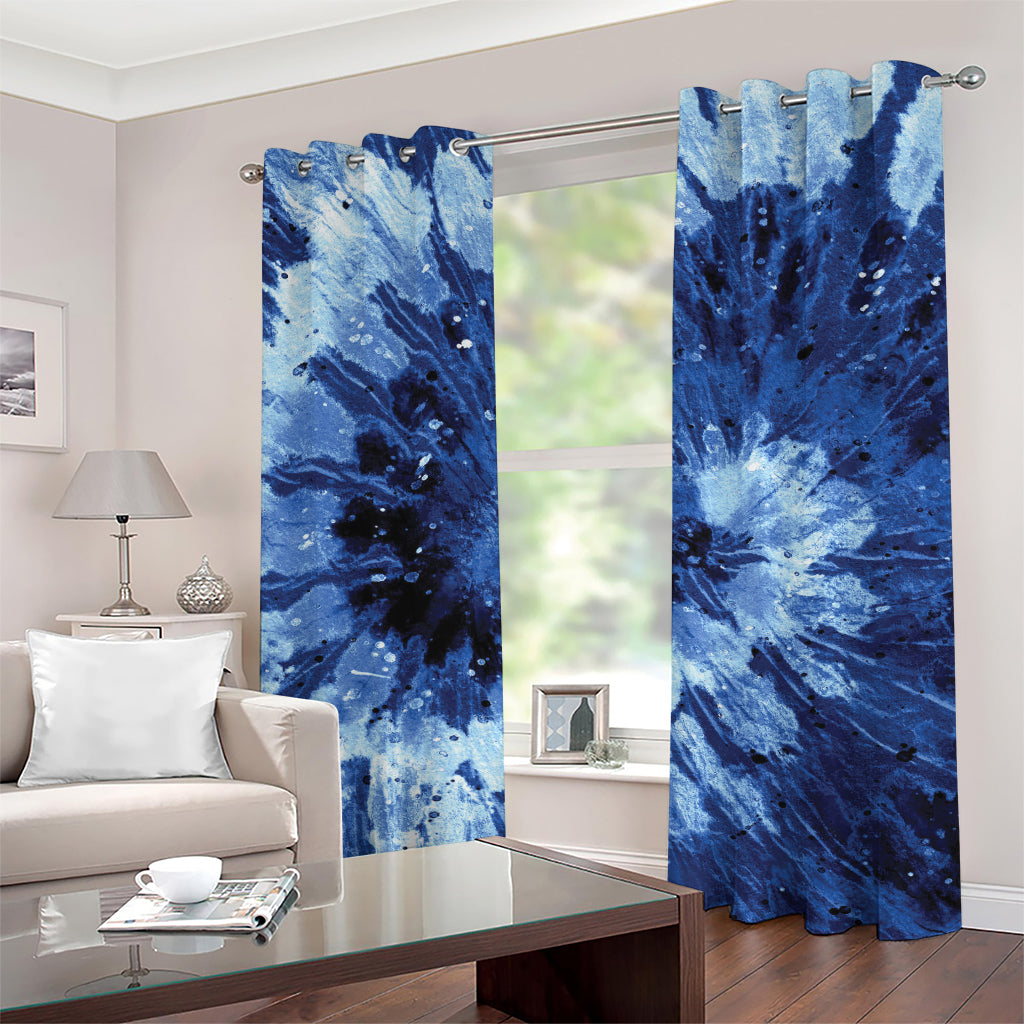 Blue And Black Tie Dye Print Grommet Curtains
