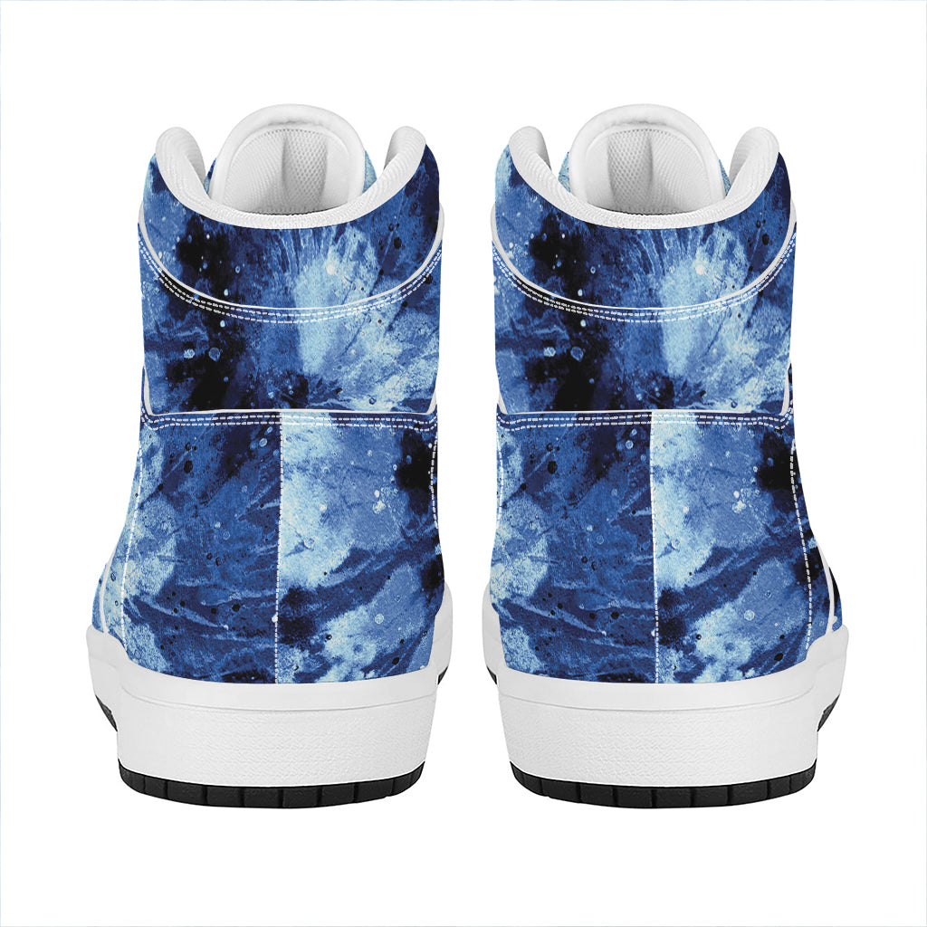 Blue And Black Tie Dye Print High Top Leather Sneakers