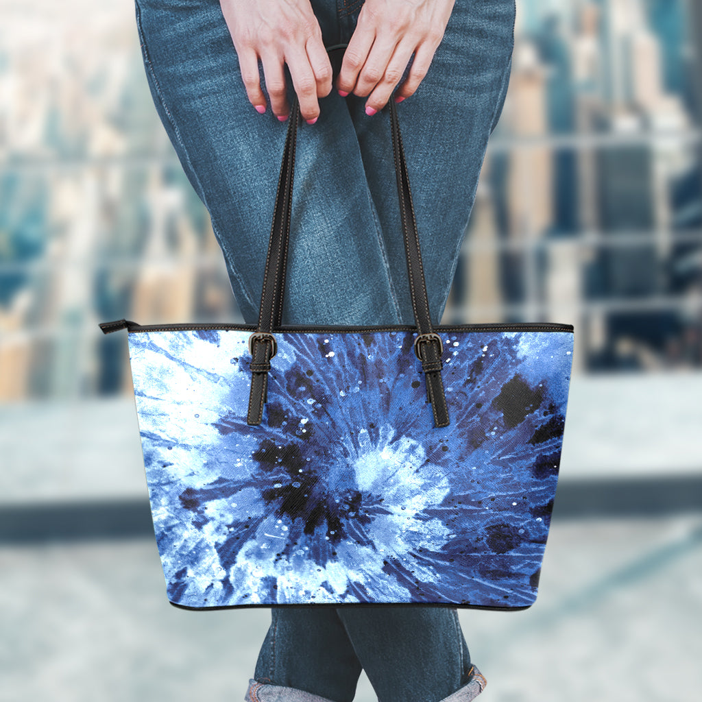 Blue And Black Tie Dye Print Leather Tote Bag