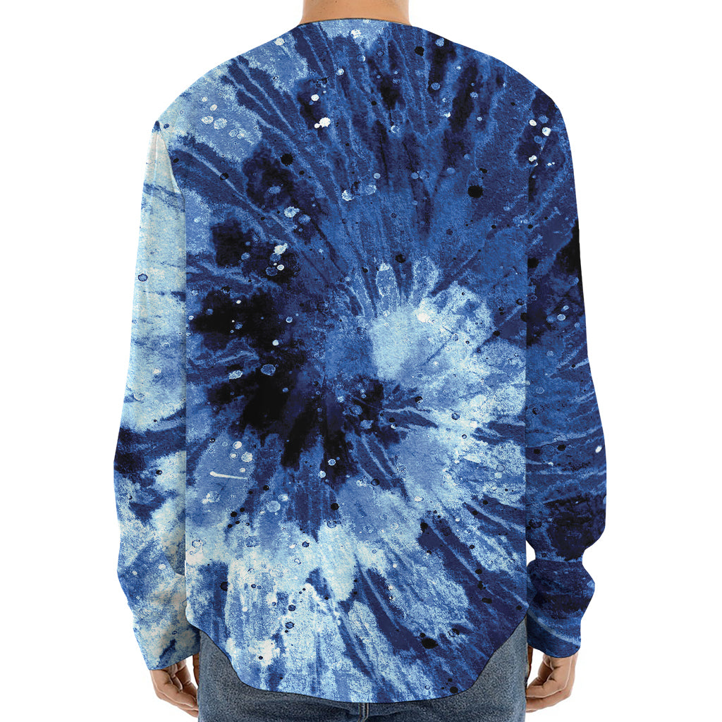 Blue And Black Tie Dye Print Long Sleeve Baseball Jersey