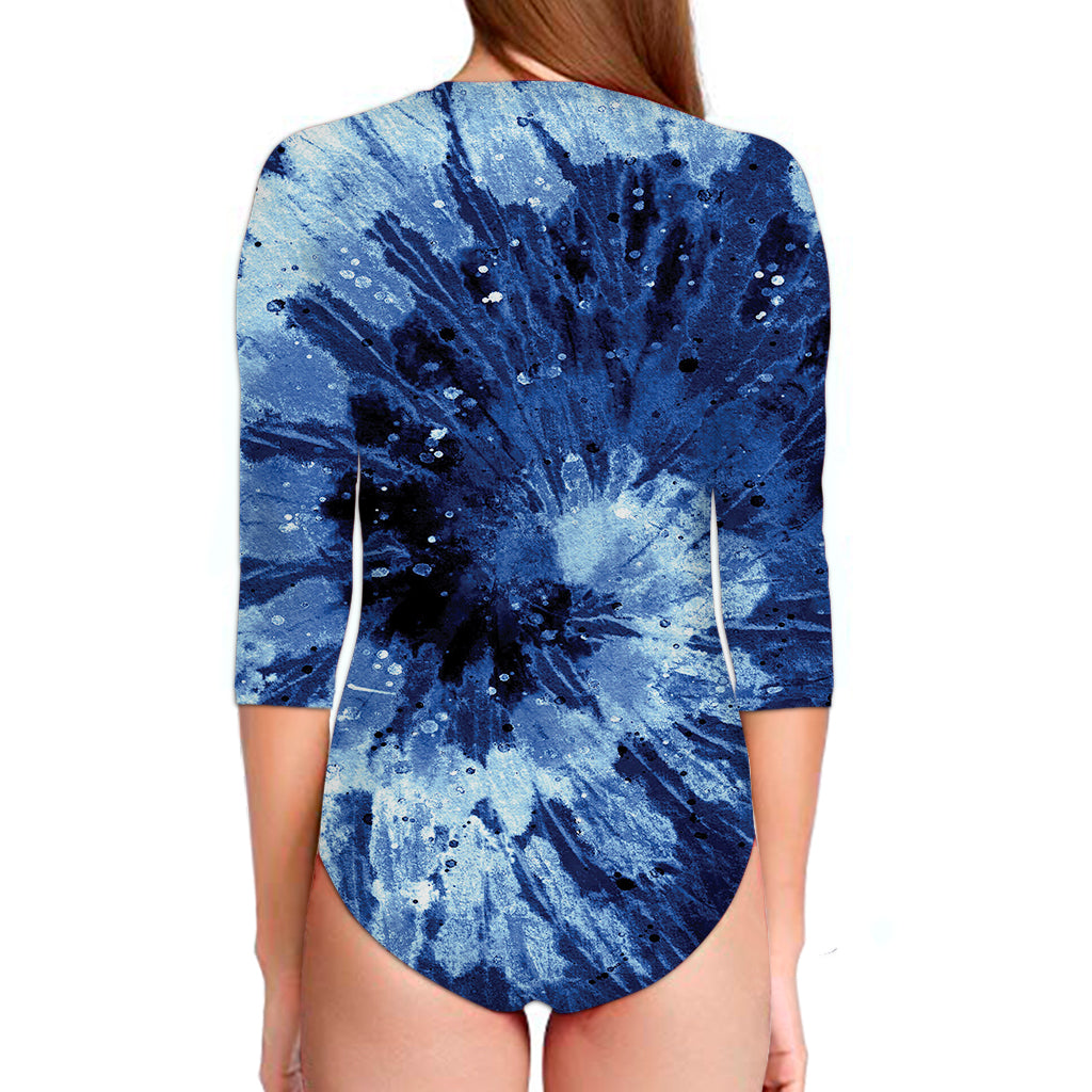 Blue And Black Tie Dye Print Long Sleeve Swimsuit