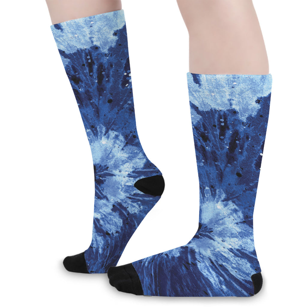 Blue And Black Tie Dye Print Long Socks