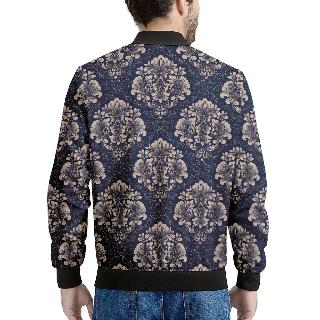 Blue And Brown Damask Pattern Print Men's Bomber Jacket