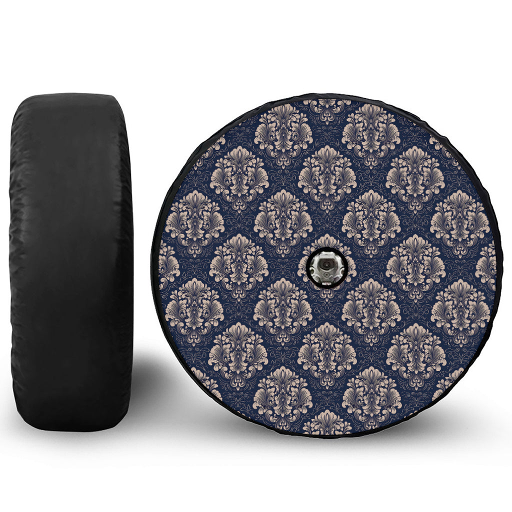 Blue And Brown Damask Pattern Print Tire Cover With Camera Hole