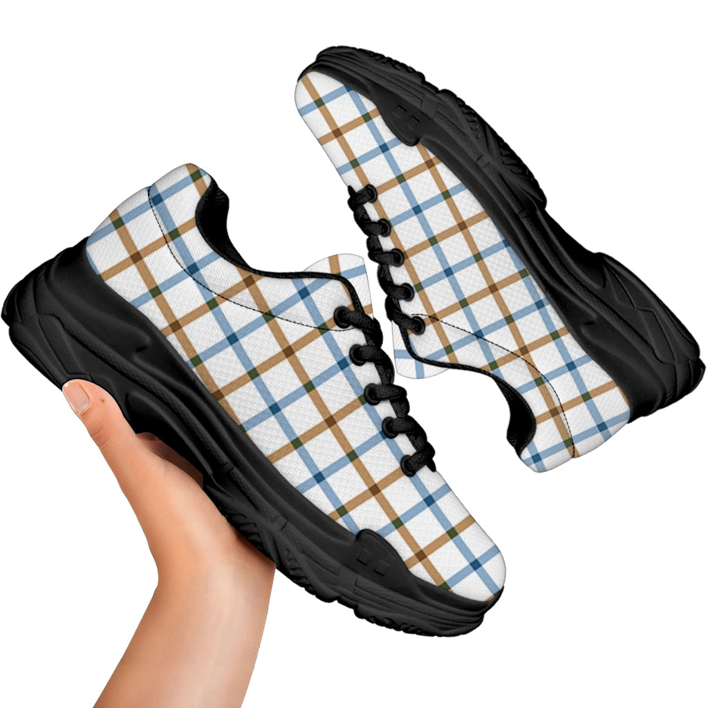 Blue And Brown Tattersall Pattern Print Black Chunky Shoes