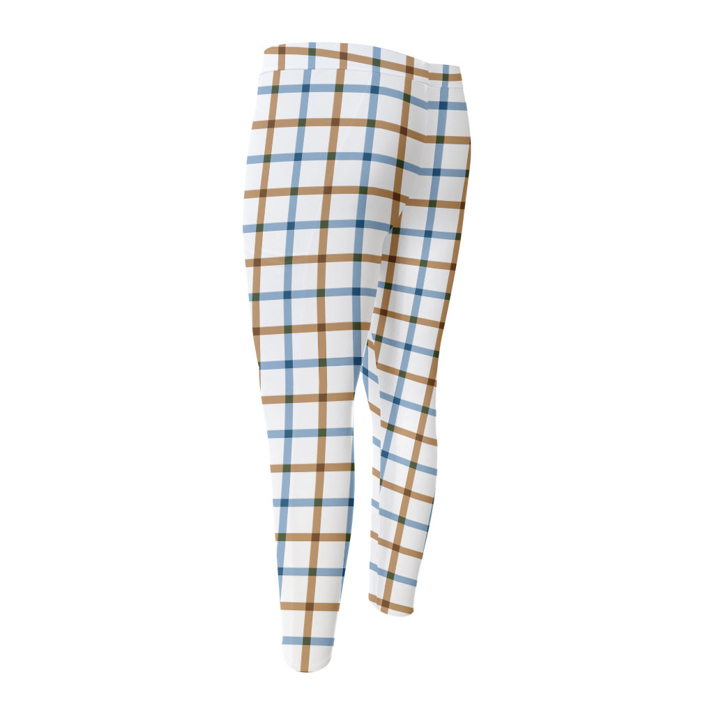 Blue And Brown Tattersall Pattern Print Men's Compression Pants