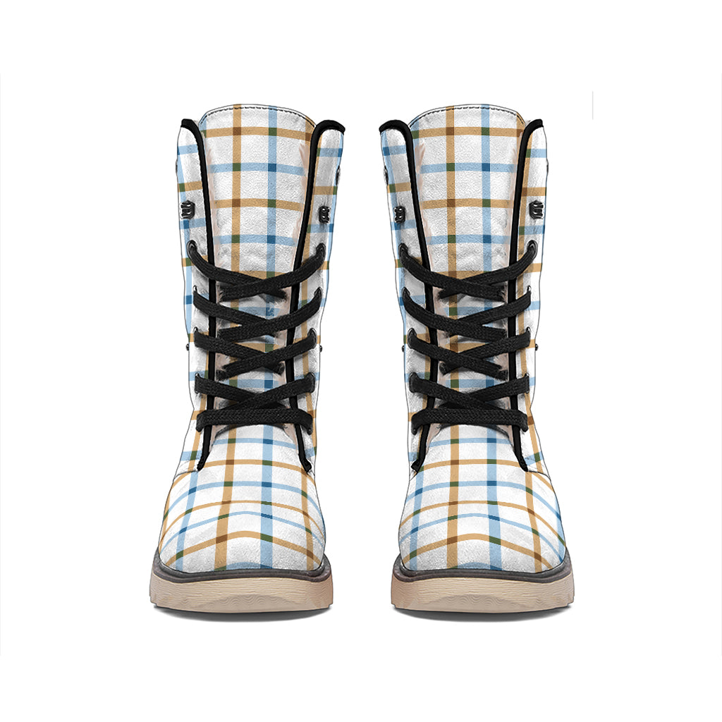 Blue And Brown Tattersall Pattern Print Winter Boots