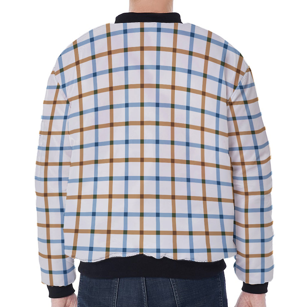 Blue And Brown Tattersall Pattern Print Zip Sleeve Bomber Jacket