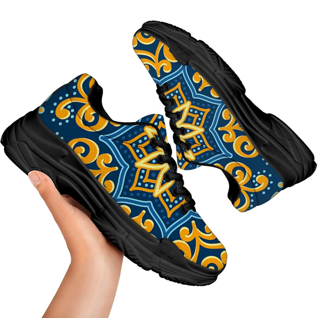 Blue And Gold Bohemian Mandala Print Black Chunky Shoes