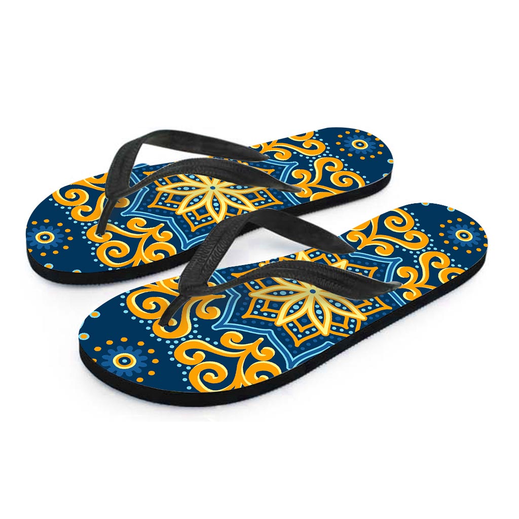 Blue And Gold Bohemian Mandala Print Flip Flops