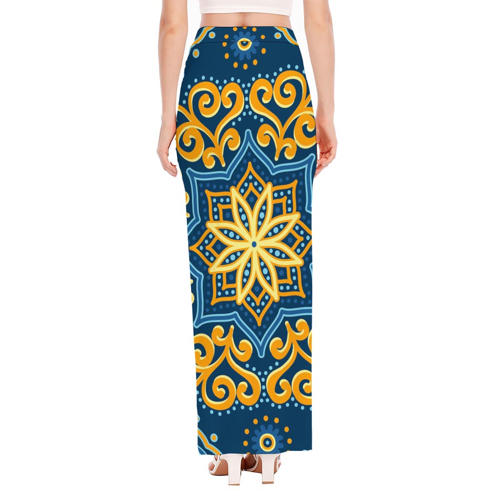 Blue And Gold Bohemian Mandala Print High Slit Maxi Skirt