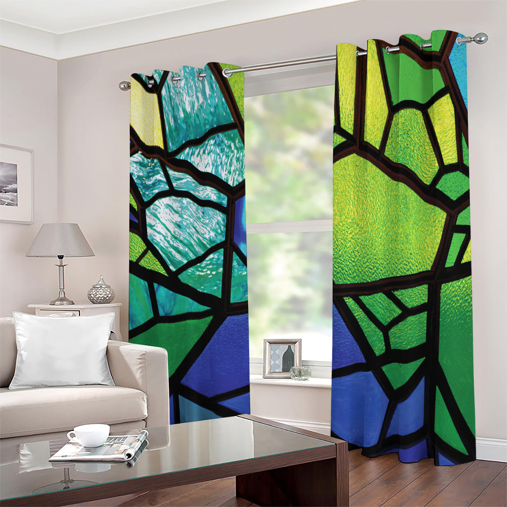 Blue And Green Stained Glass Print Extra Wide Grommet Curtains