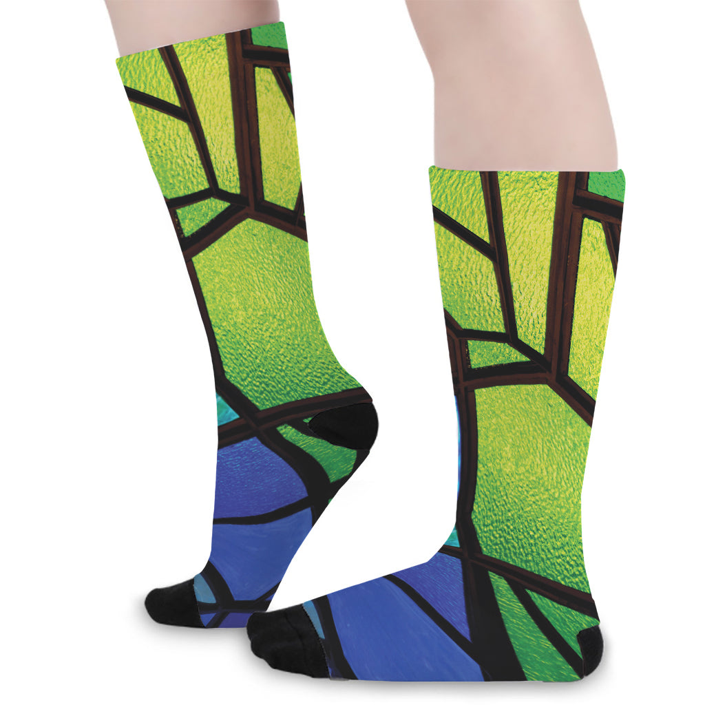 Blue And Green Stained Glass Print Long Socks