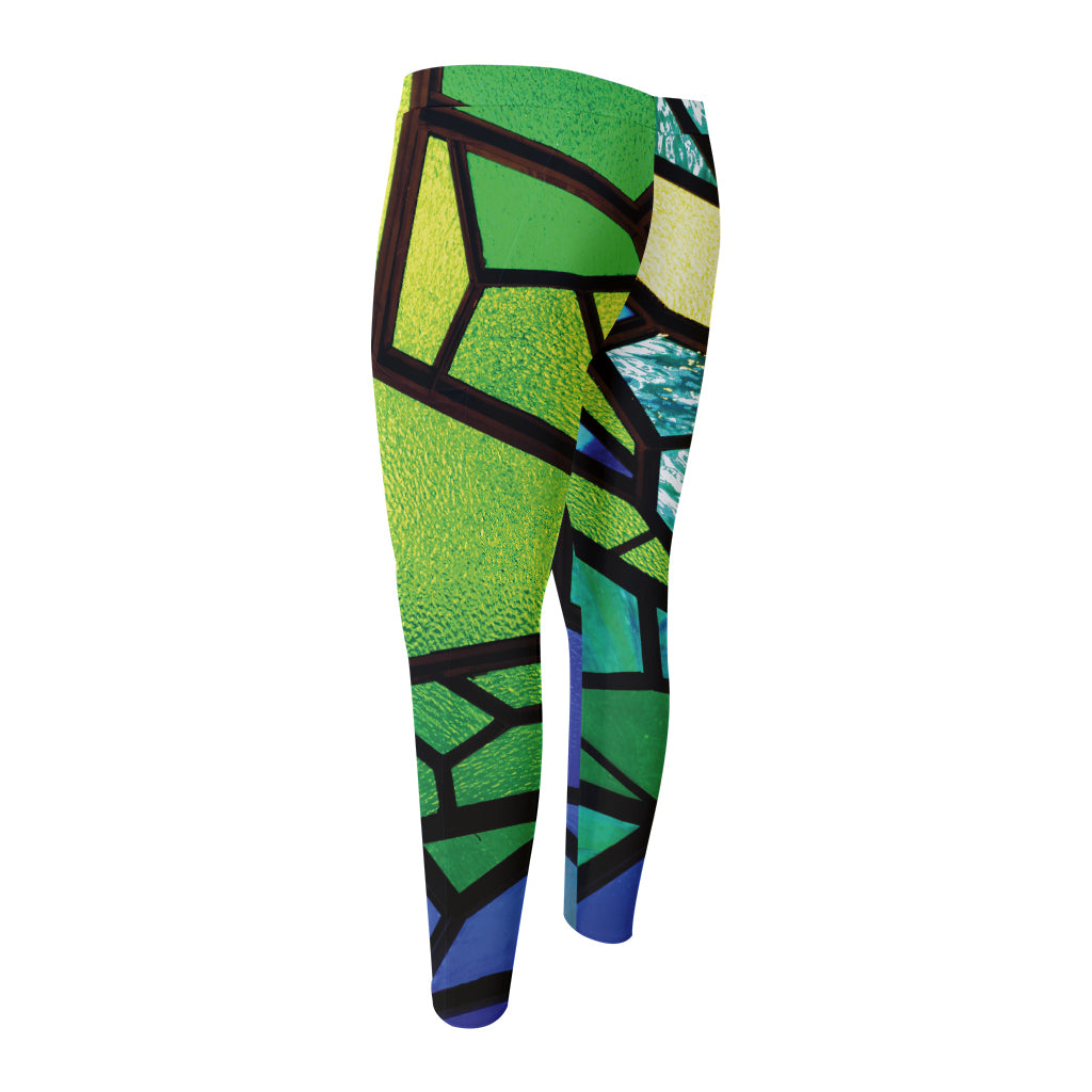 Blue And Green Stained Glass Print Men's Compression Pants