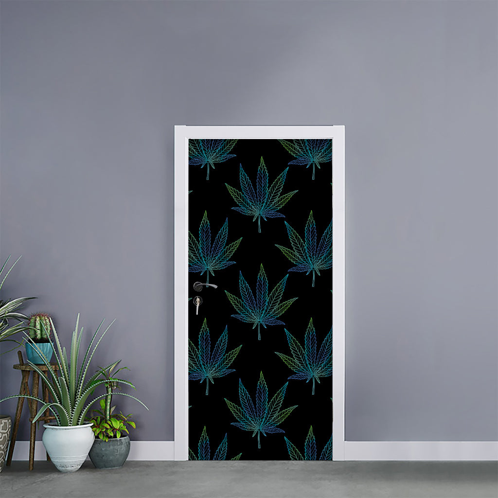 Blue And Green Weed Leaf Pattern Print Door Sticker