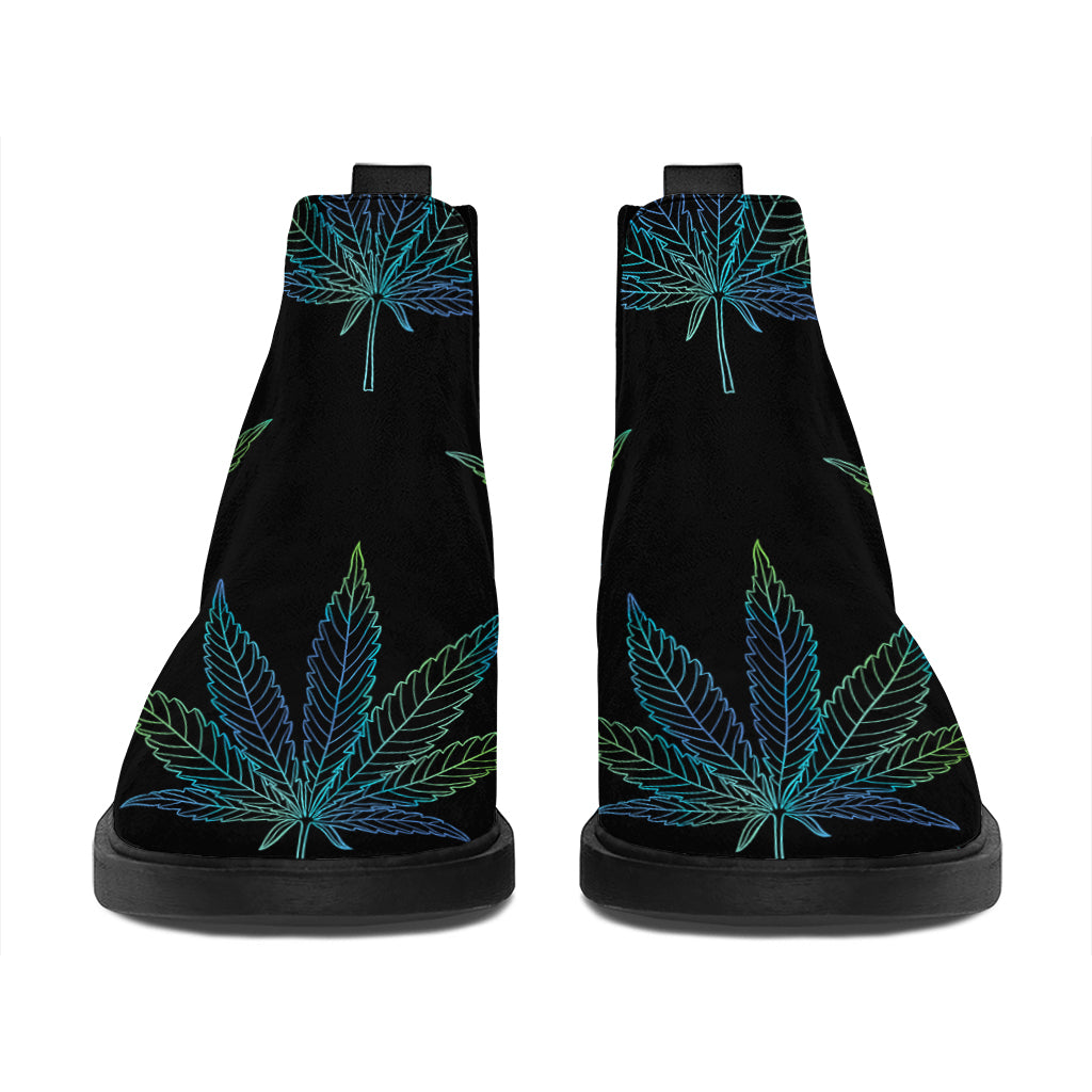 Blue And Green Weed Leaf Pattern Print Flat Ankle Boots