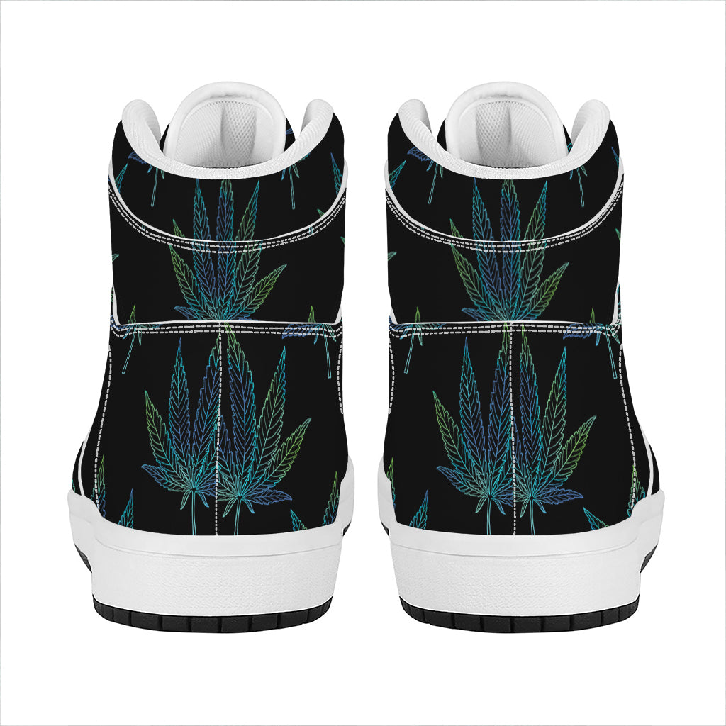 Blue And Green Weed Leaf Pattern Print High Top Leather Sneakers