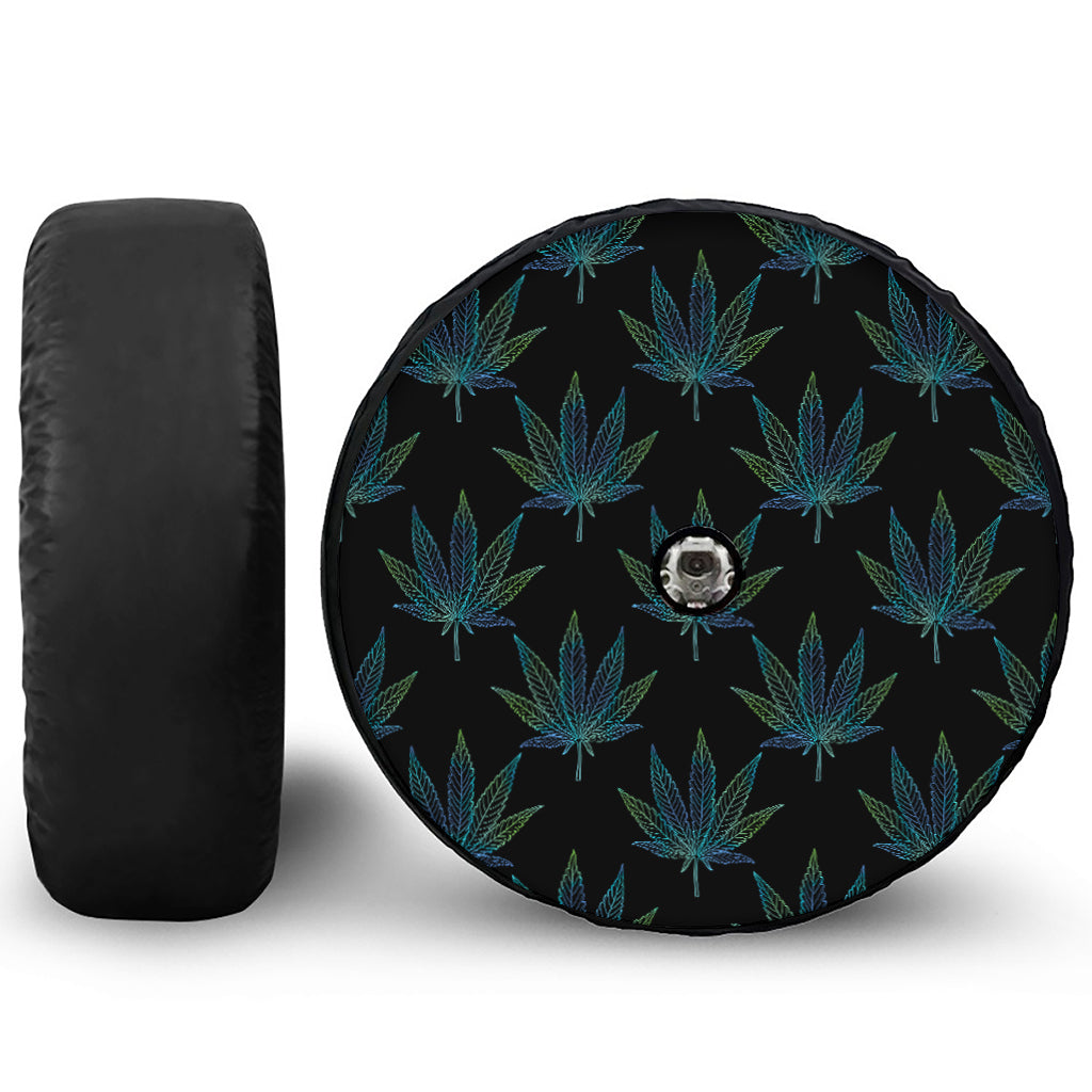 Blue And Green Weed Leaf Pattern Print Tire Cover With Camera Hole