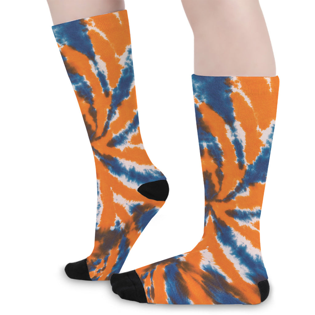 Blue And Orange Spider Tie Dye Print Long Socks