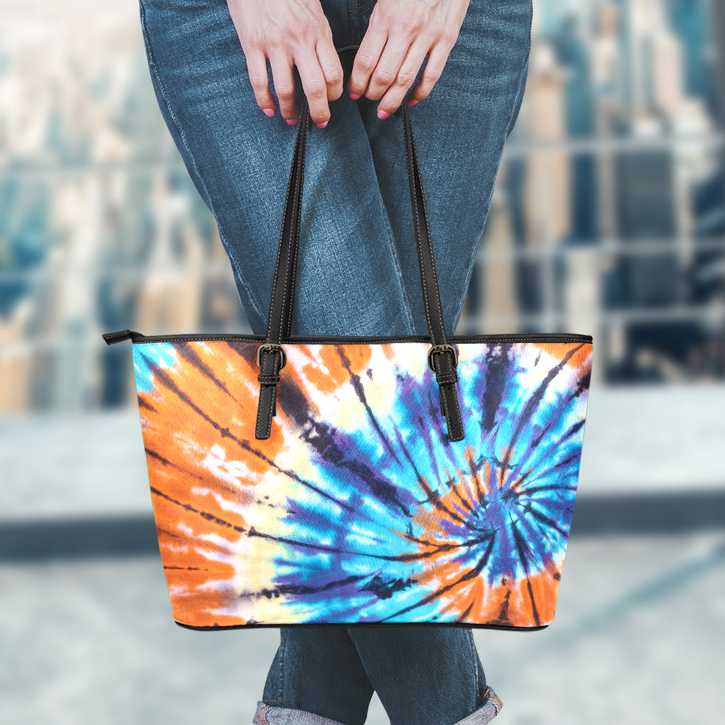 Blue And Orange Tie Dye Print Leather Tote Bag