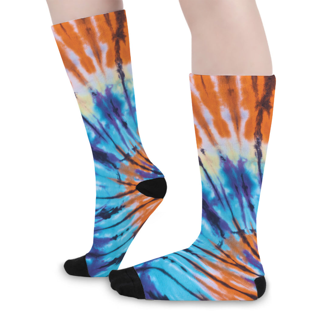 Blue And Orange Tie Dye Print Long Socks