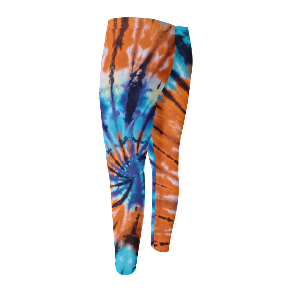 Blue And Orange Tie Dye Print Men's Compression Pants