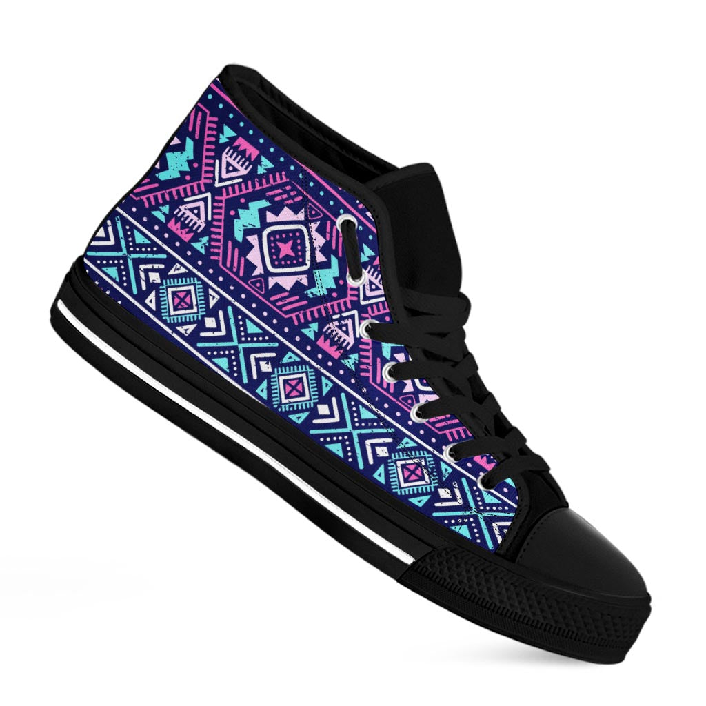 Blue And Pink Aztec Pattern Print Black High Top Sneakers