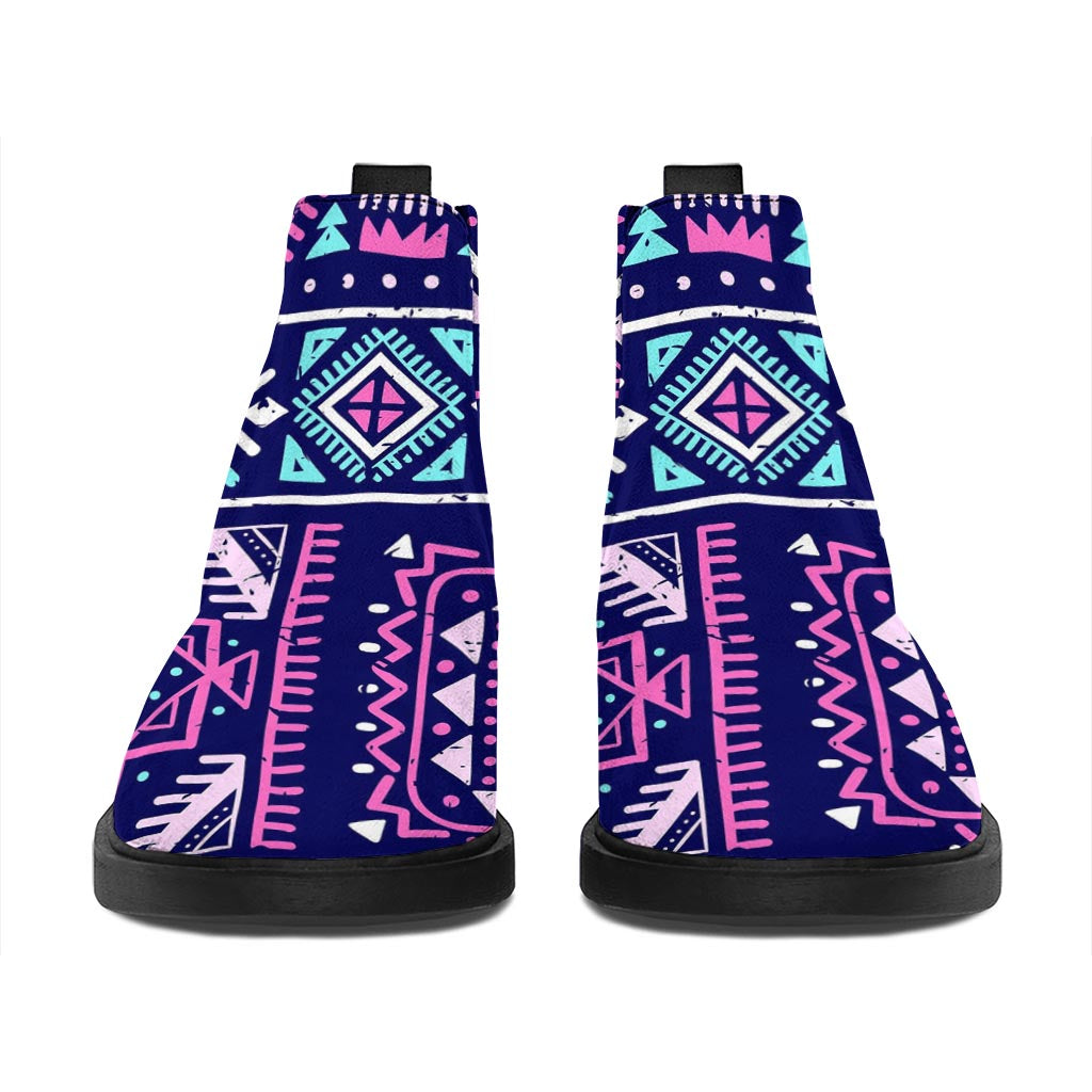 Blue And Pink Aztec Pattern Print Flat Ankle Boots